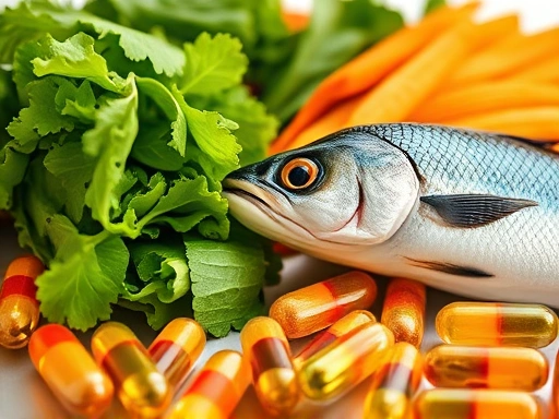 눈 건강에 좋은 영양소가 풍부한 음식(녹황색 채소, 등푸른 생선 등)을 클로즈업 촬영하여 건강하고 신선한 느낌을 강조하고, 영양제 캡슐과 함께 배치하여 균형 잡힌 눈 건강 관리를 위한 식단과 영양제 섭취의 중요성을 시각적으로 전달함.