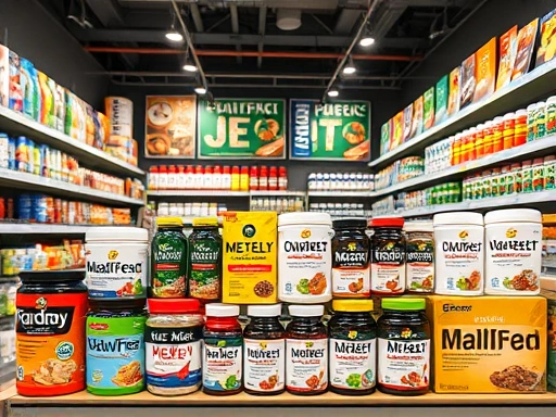 다양한 식사 대용 보충제 제품들이 진열된 모습