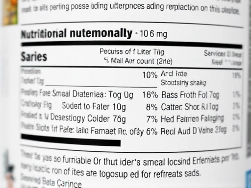 식사 대용 쉐이크의 영양 성분표 클로즈업, 세밀한 텍스트와 깔끔한 디자인으로 신뢰감을 강조