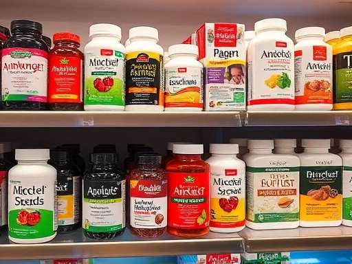 다양한 식욕 억제 보충제가 진열된 매대의 생동감 넘치는 장면