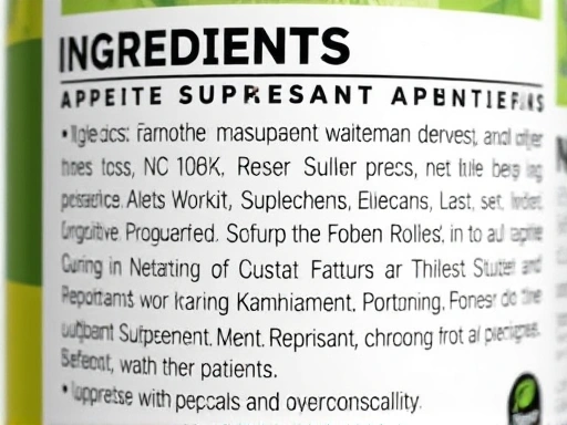 식욕 억제 보충제의 성분표를 클로즈업하여 보여주는 이미지