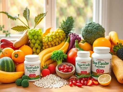 다채로운 색상의 과일과 채소가 가득한 테이블에 놓인 다양한 형태의 식이섬유 보충제(분말, 캡슐).