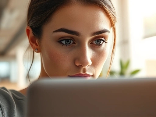 현대적인 사무실에서 노트북을 사용하는 여성의 눈을 클로즈업하여 보여주는 이미지