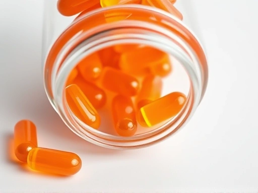 아스타잔틴 캡슐이 놓여 있는 투명한 유리병을 클로즈업한 이미지