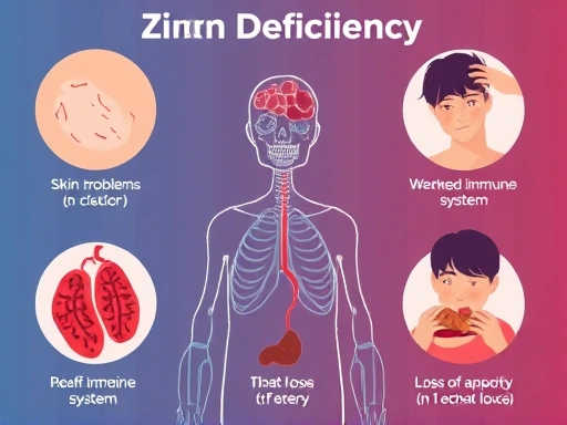 아연 결핍으로 인한 피부 문제, 면역력 저하, 식욕 부진 등의 증상을 보여주는 이미지