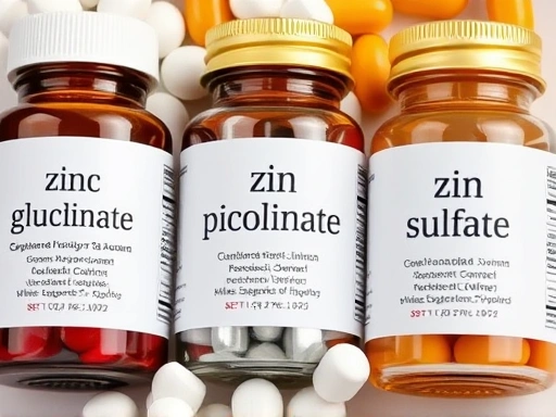 다양한 아연 보충제 (글루콘산 아연, 피콜린산 아연, 황산 아연)를 비교하는 클로즈업 이미지
