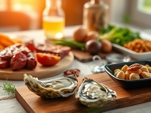 면역력 강화를 위해 식탁에 놓인 굴, 소고기, 견과류 등 아연이 풍부한 음식들을 클로즈업하여 촬영, 따뜻한 색감과 자연광을 사용하여 건강하고 활기찬 분위기