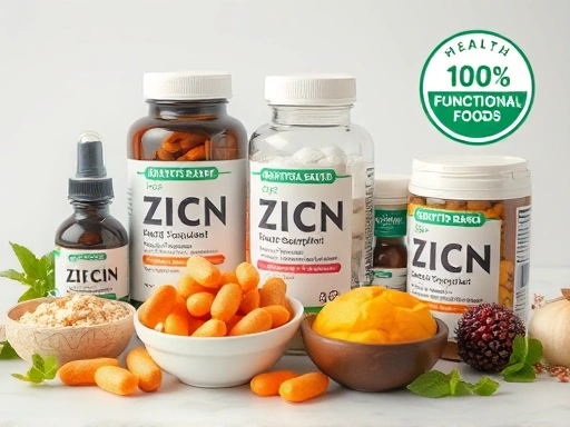 아연 보충제와 다양한 건강기능식품을 함께 배치하여 촬영, 제품 라벨과 '건강기능식품' 마크를 강조하여 신뢰성을 높이고, 부드러운 조명과 차분한 색상을 사용하여 정보 전달에 집중, 소비자들이 안심하고 제품을 선택할 수 있도록 돕습니다.