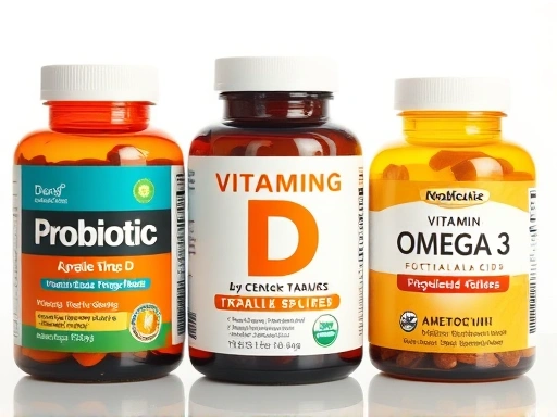 프로바이오틱스, 비타민D, 오메가-3 지방산 보충제를 나란히 배치한 정물 사진, 밝고 깨끗한 배경에서 촬영하여 건강과 웰빙에 대한 긍정적인 감정을 불러일으킵니다.