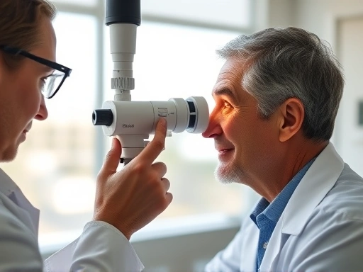 현대적인 안과 진료소에서 의사가 환자의 눈을 검사하는 장면