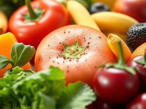 건강한 식단을 상징하는 신선한 과일과 채소가 클로즈업된 이미지