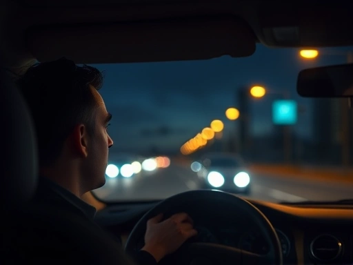 어두운 밤, 도시의 불빛 아래에서 운전하는 남성의 모습