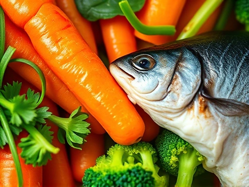 눈 건강에 좋은 영양소가 담긴 음식들(당근, 시금치, 브로콜리, 등푸른 생선)이 클로즈업되어 있다.