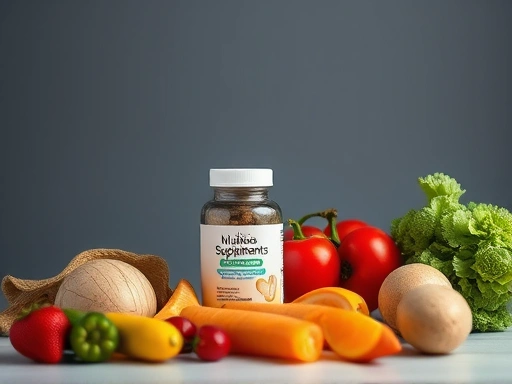 영양제가 담긴 약통, 건강한 식단을 상징하는 신선한 과일과 채소가 있는 정물 사진, 차분한 색상과 부드러운 조명을 사용하여 건강과 웰빙에 대한 긍정적이고 희망적인 메시지를 전달합니다.