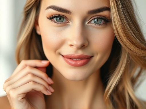 엘라스틴이 풍부한 화장품이 피부 탄력을 개선하고 젊어 보이게 하는 아름다운 여성의 클로즈업 초상화, 부드러운 자연광이 피부의 건강한 광채를 강조합니다.