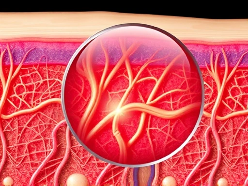 피부 탄력을 개선하는 데 필수적인 콜라겐과 엘라스틴 섬유를 보여주는 피부 확대 다이어그램, 섬유의 복잡한 네트워크를 강조하는 밝고 깨끗한 조명입니다.