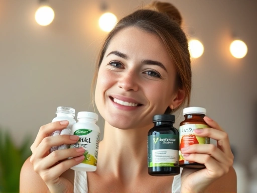 밝은 조명 아래 깨끗하고 건강한 피부를 가진 여성이 다양한 보충제 병을 들고 미소짓고 있으며, 피부 건강에 대한 긍정적 분위기