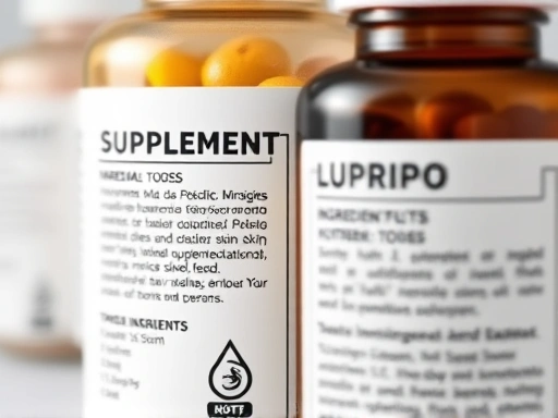 클로즈업된 보충제 병 라벨에 주요 성분과 효능이 강조되어 있으며, 전문적인 조명으로 신뢰감을 더하고 피부 관리에 대한 정보를 제공합니다.