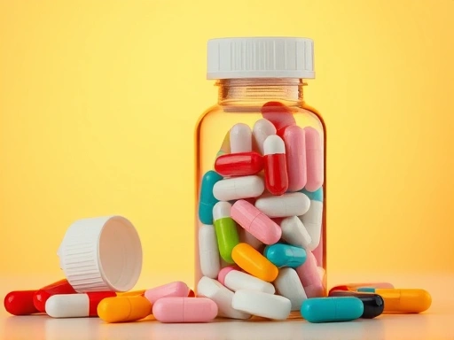 생동감 넘치는 다양한 알약과 캡슐이 담긴 투명한 약병이 밝은 배경 위에 놓여 있으며, 따뜻한 조명이 건강과 웰빙에 대한 신뢰감과 희망을 불러일으킵니다.