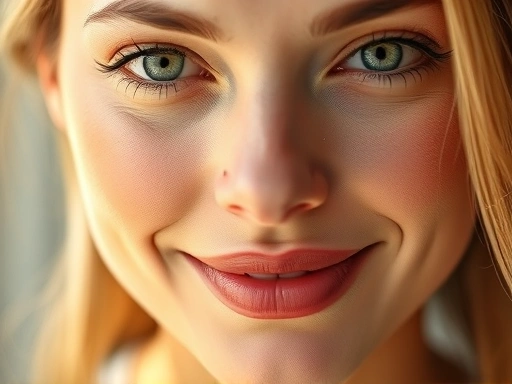 여성의 얼굴 클로즈업, 부드러운 조명, 건강하고 빛나는 피부 표현, 따뜻하고 긍정적인 분위기