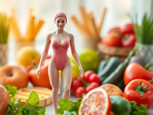 여성 호르몬 모형과 신선한 과일, 채소, 건강한 식단을 상징하는 오브제 클로즈업, 밝고 건강한 분위기