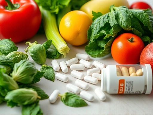 클로즈업된 엽산 보충제와 녹색 잎채소, 과일이 놓인 테이블.