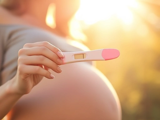 밝고 화사한 아침 햇살 아래 임신 테스트기를 들고 기뻐하는 임산부의 모습