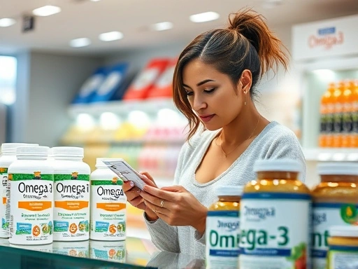 다양한 오메가3 제품들이 진열된 매대에서 한 여성이 제품 라벨을 주의 깊게 살피고 있다.