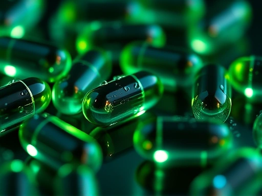 어두운 배경 속에서 영롱한 빛을 내는 오메가3 캡슐 여러 개가 클로즈업되어 있다.