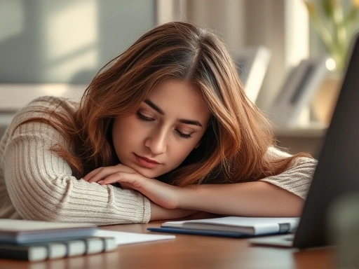 한 여성이 책상에 엎드려 피곤해 하는 모습