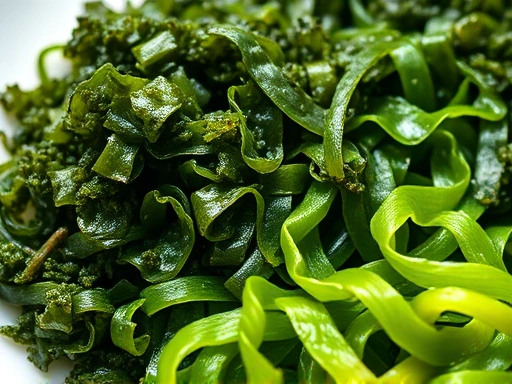 접시에 담긴 김과 미역 등 해조류 음식 클로즈업 샷.