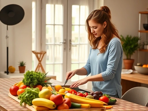 밝은 햇살이 비치는 실내에서 건강한 식단을 준비하는 여성, 신선한 과일과 채소가 놓인 테이블, 자연스러운 분위기