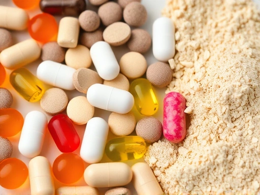 다양한 종류의 보충제 알약과 파우더를 클로즈업 촬영, 깨끗하고 현대적인 촬영 스타일, 건강과 웰빙을 강조하는 부드러운 조명