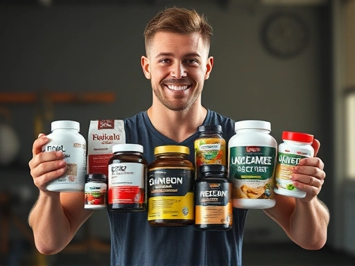 운동선수가 다양한 관절 보충제와 영양제를 손에 들고 보여주는 장면