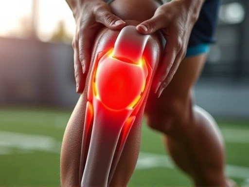 운동선수의 무릎 관절 부위를 클로즈업하여 보여주는 장면