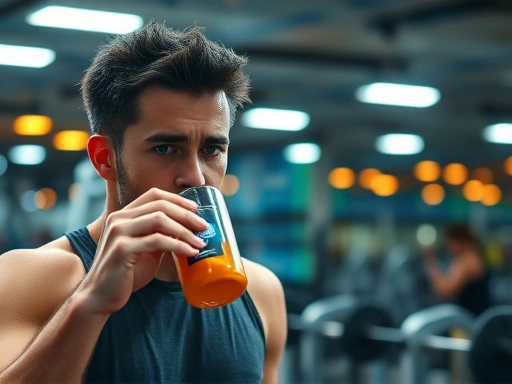 헬스장에서 운동 후 지친 남성이 에너지 보충을 위해 보충제를 마시고 있으며, 밝은 조명과 활기찬 분위기