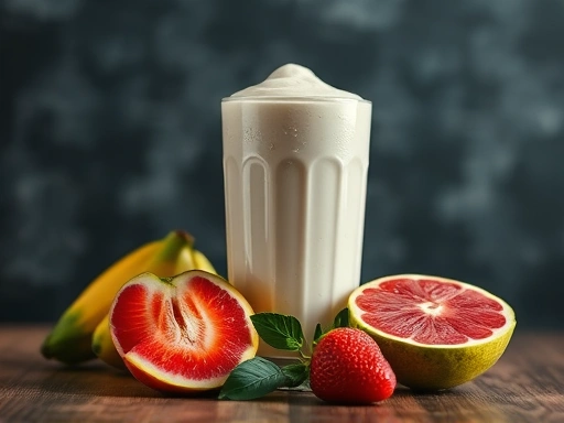 근육 회복을 돕는 단백질 쉐이크와 신선한 과일이 클로즈업된 이미지