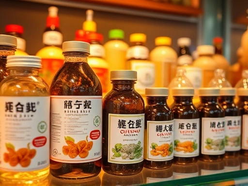 다양한 종류의 인삼 제품이 진열된 매대, 클로즈업 샷으로 제품 라벨과 주요 성분 정보에 초점을 맞추고, 따뜻한 조명과 건강한 분위기