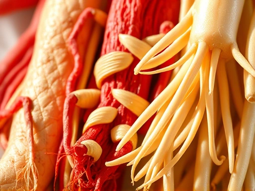 인삼, 홍삼, 백삼을 각각 클로즈업하여 보여주는 사진, 각 인삼의 질감과 색상을 강조하고, 자연광을 사용하여 신선하고 건강한 느낌을 줍니다.