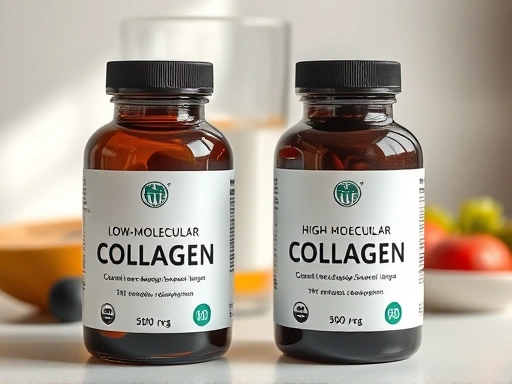 두 개의 콜라겐 보충제 병이 나란히 놓여 있고, 하나는