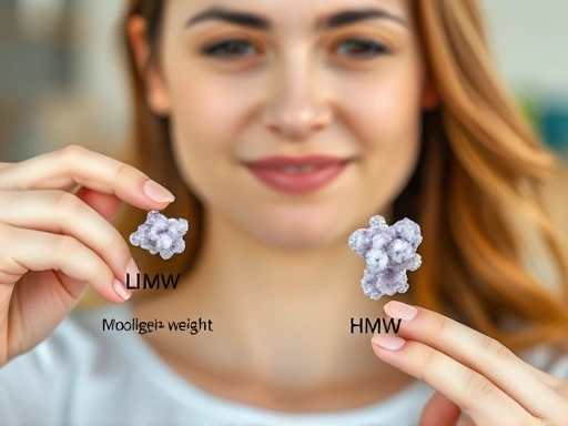 피부와 관절 건강에 대한 관심을 표현하는 젊은 여성이 저분자 콜라겐과 고분자 콜라겐을 나타내는 두 개의 다른 크기의 콜라겐 분자를 비교하고 있는 모습