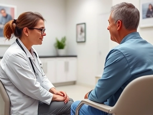 피부과 시술대기실, 노련한 의사가 환자의 피부 상태를 진단하며 전문적인 조언을 제공하는 장면