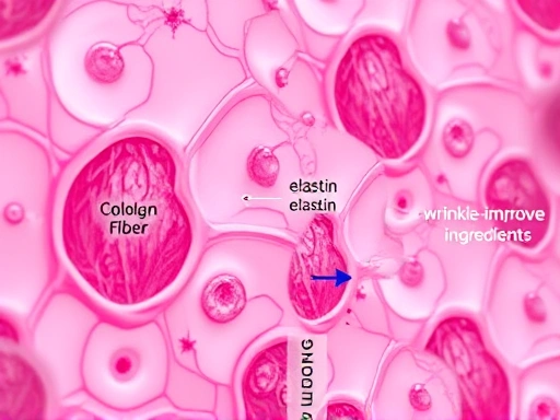 현미경으로 피부 세포를 확대 촬영, 콜라겐 섬유와 엘라스틴 구조를 강조하여 주름 개선 성분의 작용 메커니즘을 시각적으로 설명, 정밀하고 과학적인 분위기