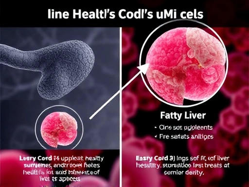 현미경으로 확대된 건강한 간세포와 지방간 상태의 간세포를 비교하는 그래픽 이미지