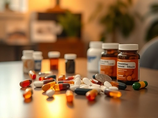 집중력을 높여주는 다양한 보충제 알약과 캡슐이 테이블 위에 놓여 있으며, 따뜻한 색감의 조명이 차분하고 집중된 분위기