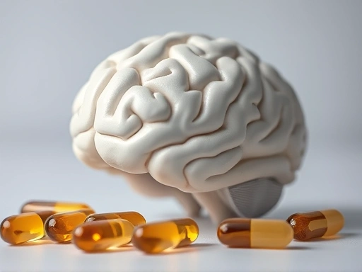 뇌 모형과 보충제 알약이 함께 클로즈업되어 있으며, 부드러운 조명이 건강과 지적 능력을 향상시키려는 의도를 강조합니다.