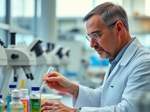 연구실에서 영양 보충제를 분석하는 과학자의 차분한 모습