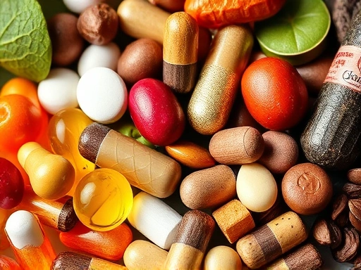 다양한 건강 보조 식품을 클로즈업한 생생한 촬영, 풍부한 색상과 질감으로 건강과 활력을 상징적으로 묘사