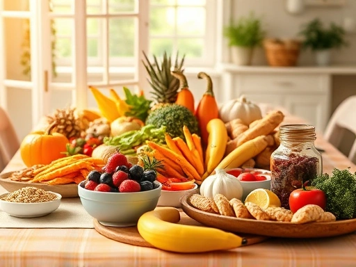 다양한 영양소가 풍부한 식탁, 따뜻한 색감과 부드러운 조명으로 편안하고 건강한 분위기