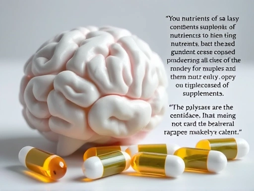 뇌 모형과 영양제 알약 클로즈업, 차분한 조명과 정밀한 묘사로 영양소의 효능에 대한 신뢰감을 높이고, 건강 관리에 대한 관심을 유도
